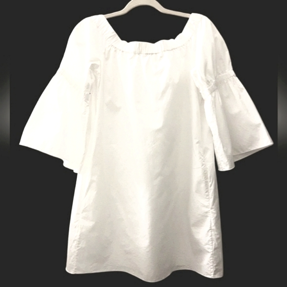Tibi Mini Shift Dress Off-The-Shoulder Bateau Neck Bell Sleeve Sz 4 White NEW - Picture 4 of 13